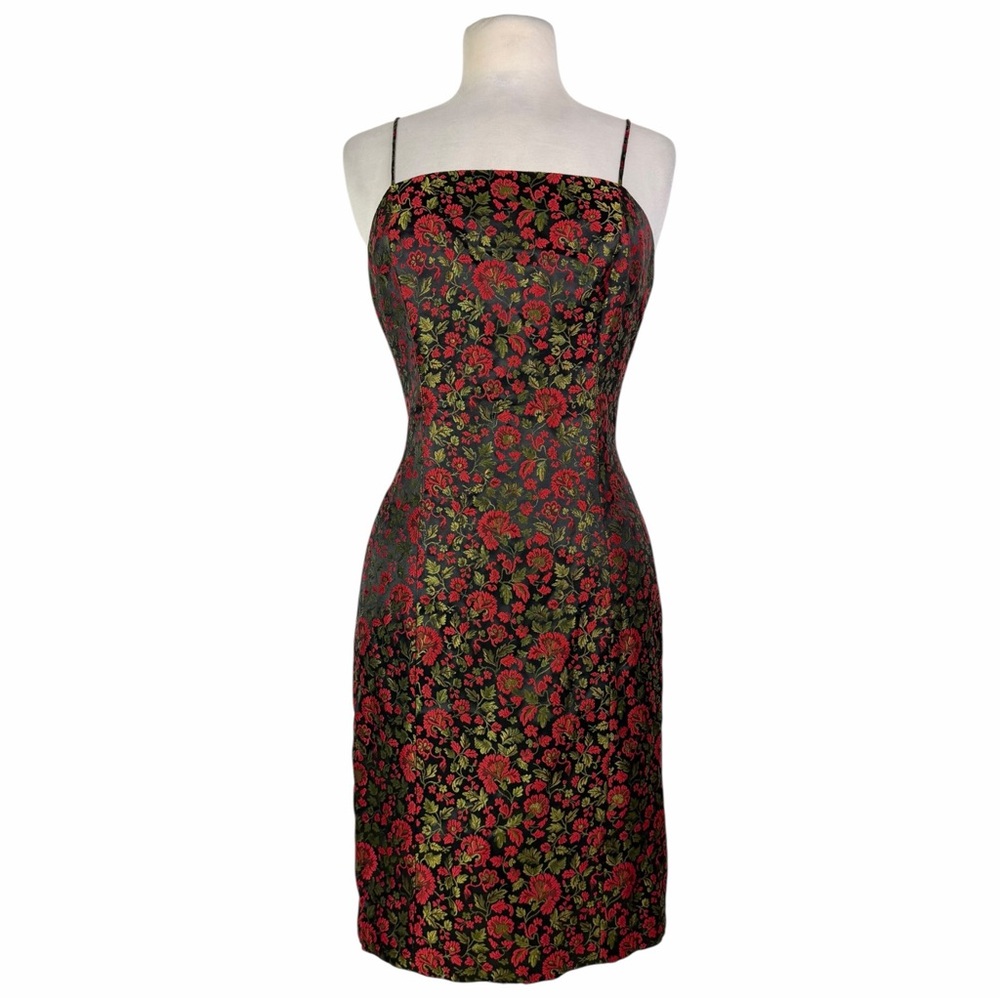 VTG Isabel Ardee Petites Rose Brocade Dress Black Red Floral 90s Bodycon Goth 8P
